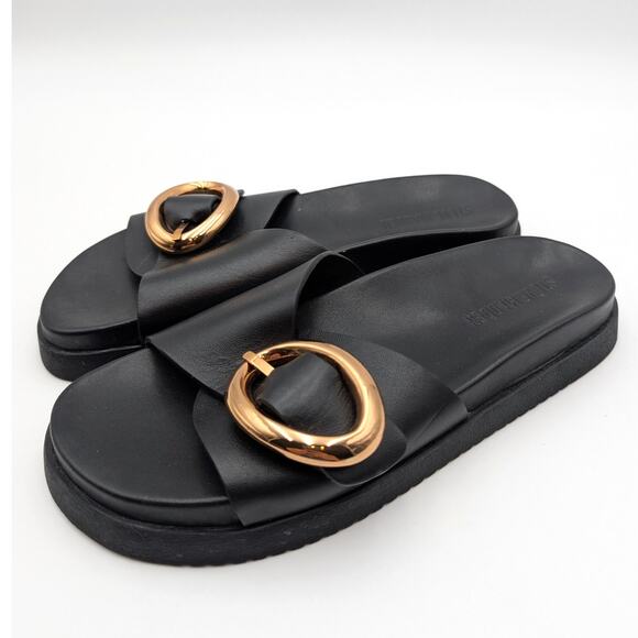 Steve Madden Mandie Slide Sandals Women's Leather Black/Gold Size US8M EU38.5 - Picture 1 of 11